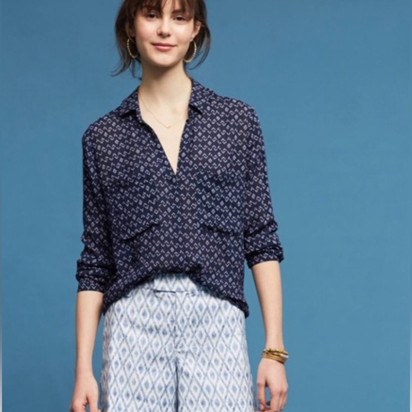 Anthropologie Cloth & Stone Navy White Scioto Button Down Shirt Size Xs